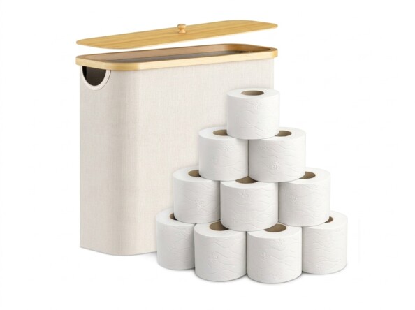 Boîte beige Infactory à côté d’une pyramide de dix rouleaux de papier toilette