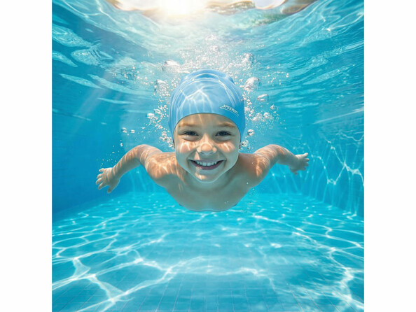 bonnet de bain en silicone bleu mis en situation sur un enfant sous l'eau