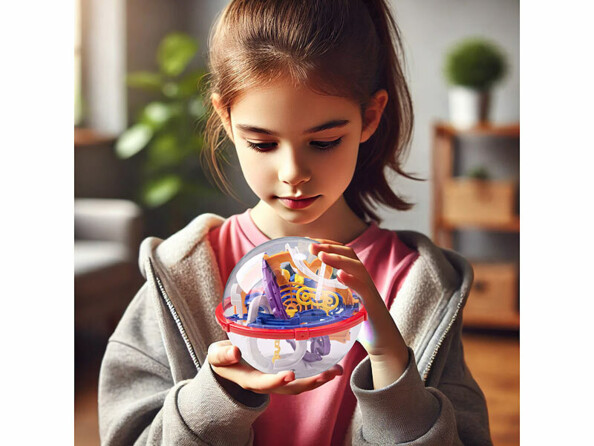Petite fille tenant dans ses mains la sphère labyrinthe 3D 13 cm