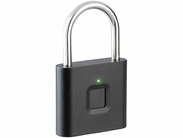 Cadenas biométrique noir rectangulaire avec anse métallique argentée, capteur d’empreintes carré et voyant vert