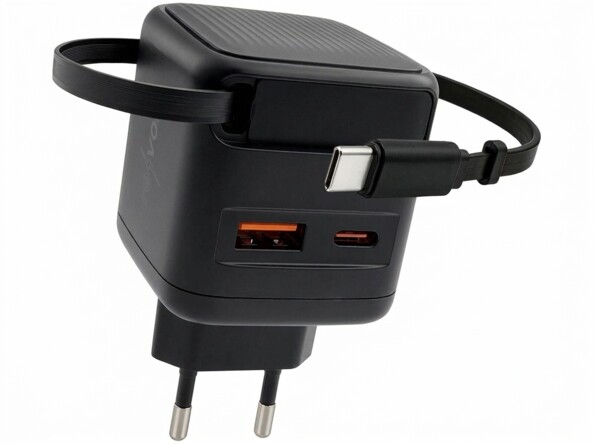 Chargeur secteur GaN USB-A/USB-C 65 W avec câble USB-C extensible