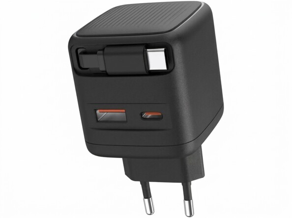Chargeur secteur GaN USB-A/USB-C 65 W avec câble USB-C extensible