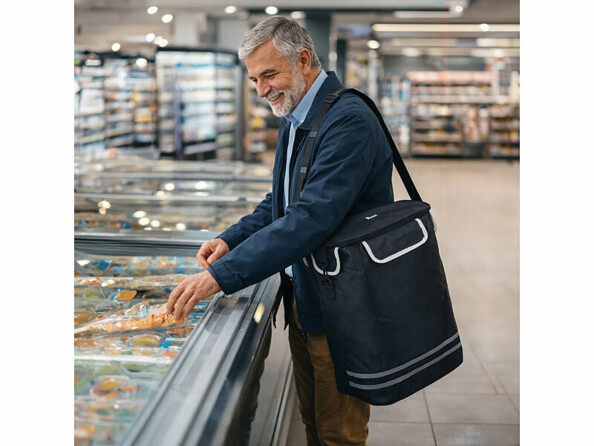 Sac isotherme 46 litres porté à l'épaule d'un homme faisant ses courses dans un supermarché