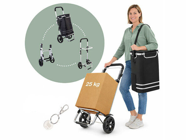 Chariot de course avec sac isotherme 46 L amovible sous différents angles plié et déplié et indication poid supporté