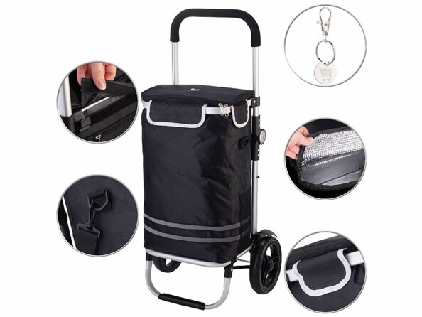Chariot de course pliable avec sac isotherme 46 L avec vignettes sur détails