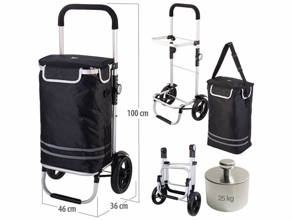Chariot de course avec sac isotherme 46 L amovible sous différents angles plié et déplié avec dimensions en cm