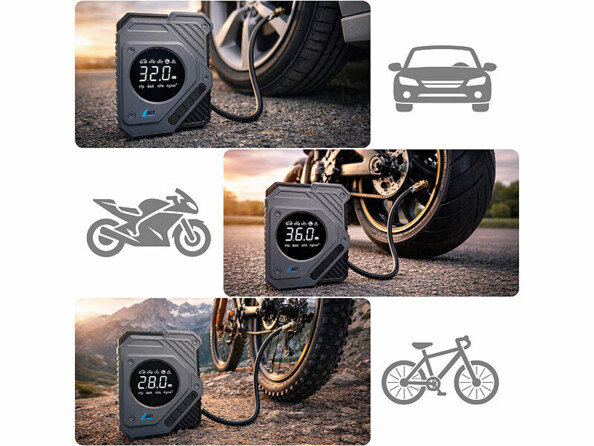 Compresseur d’air 12 V / 10,3 bar entrain de gonfler des pneus de voiture, vélo et moto