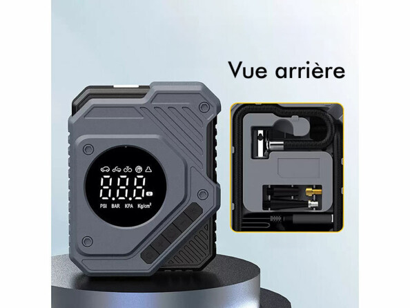 Gonfleur électrique 12 V / 10,3 bar vu avant et arrière avec texte