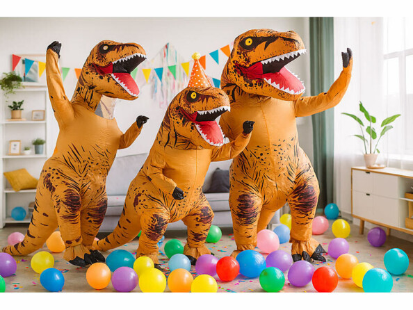 3 personnes portant des costumes de dinosaures gonflables lors d'une fête d'anniversaire avec des ballons au sol