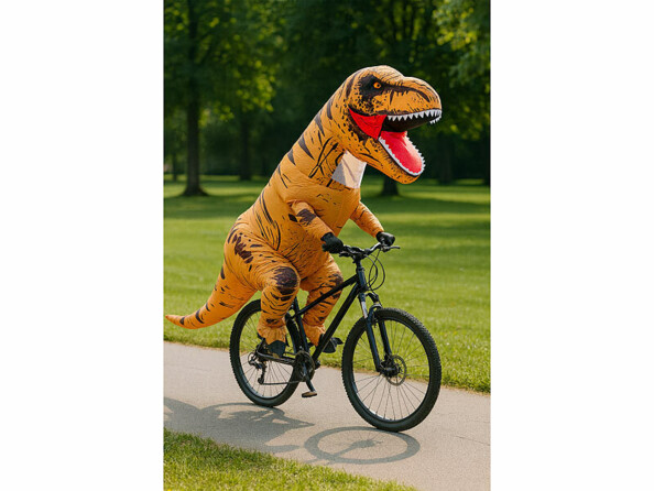 costume de t-rex gonflable porté par une personne faisant du vélo dans un parc