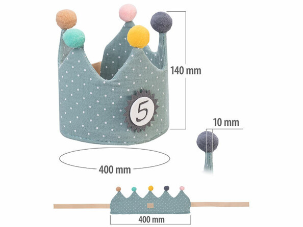Couronne d'anniversaire pour enfant sous différents angles avec dimensions en mm