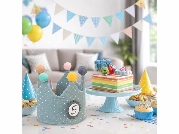 Couronne d'anniversaire pour enfant posée sur une table d'annievrsaire avec gâteau et décorations