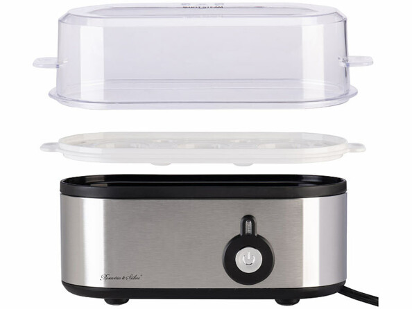 Cuiseur à oeufs pour 3 oeufs avec couvercles et plateau séparé vus de face