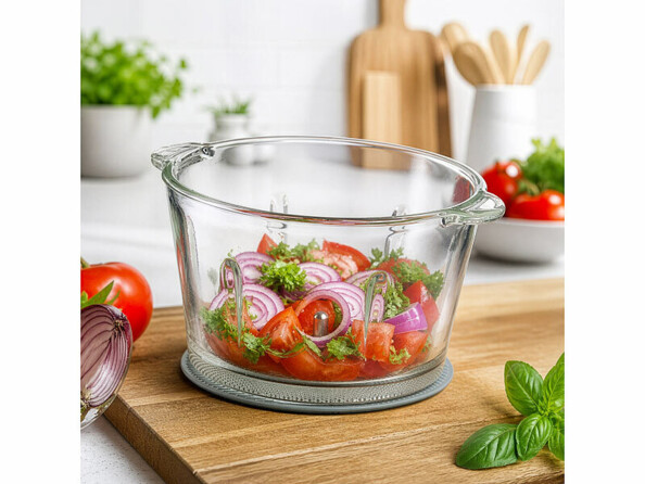 bol en verre 2L pour hachoir avec légumes sur une planche de travail