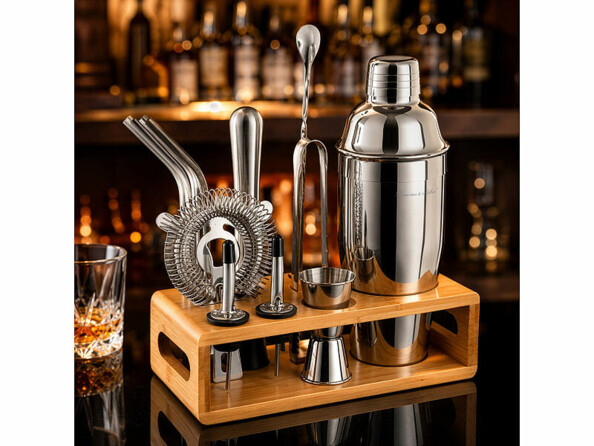 Kit cocktail 13 pièces avec shaker et support mis zn situation sur un comptoir