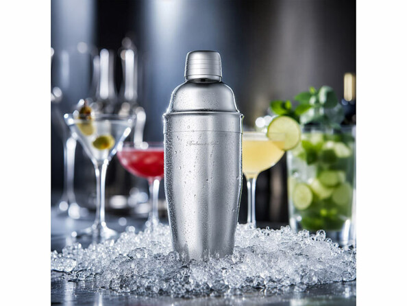 shaker inox 0.7 L en situation sur comptoir avec glace pilée et verres