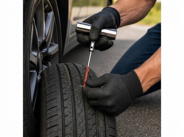 Mains gantées enfonçant une mèche de réparation dans un pneu crevé