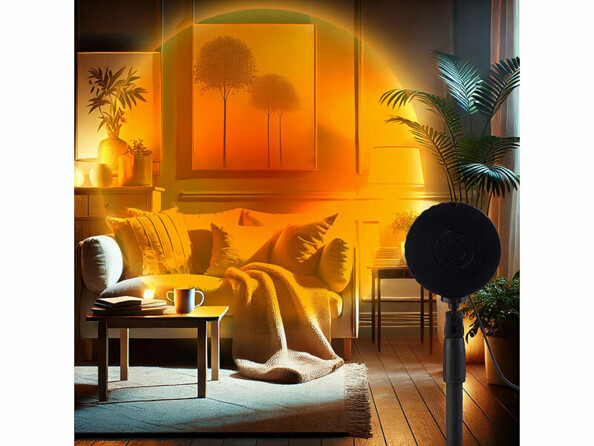 Simulation d'un coucher de soleil orangé dans un salon meublé avec la lampe LED RVB