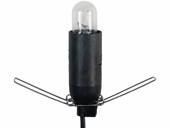 Douille de lampe noire avec ampoule incandescente tubulaire transparente et 4 supports métalliers pour abat-jour, vue de face sur fond blanc