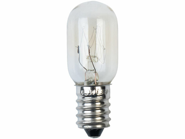 Ampoule incandescente tubulaire à culot E14 transparente avec filament de tungstène visible, vue de face sur fond blanc