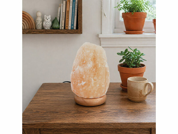 Lampe de sel rose Lunartec allumée en situation dans un intérieur naturel avec plante grasse et tasse artisanale sur une table en bois, étagère avec livres et objets déco en arrière-plan