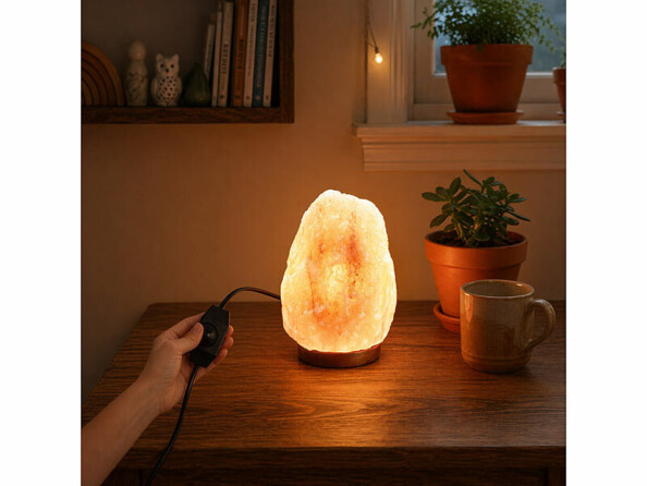 Lampe de sel Lunartec orange allumée sur une table en bois, avec une tasse, une plante et une main tenant l’interrupteur