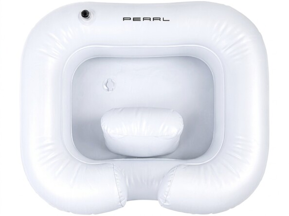 Bac à shampoing gonflable Pearl vu de dessus avec logo PEARL, appui-tête ovale, valve noire et encoche cervicale