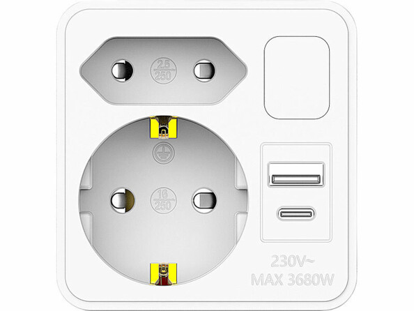 Multiprise adaptateur Revolt compacte avec 2 prises secteur et ports USB de face