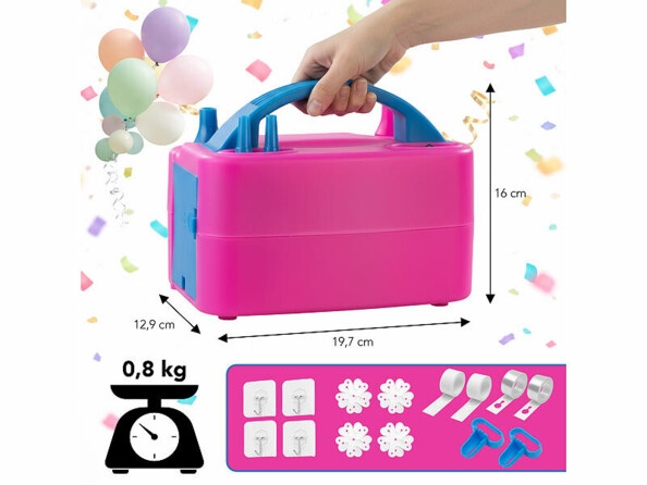 Pompe électrique pour ballons de baudruche tenu en main par la poignée avec dimensions en cm et poids 0.8 kg