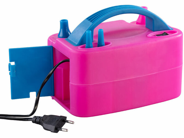 Pompe électrique pour ballons de baudruche vue de face avec compartiment pour câble électrique ouvert