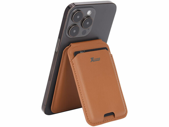 étui CB RFID magnétique compatible MagSafe fonction support brun