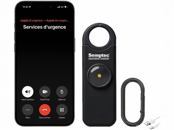 Porte-clés alarme d'autodéfense 130 dB avec lampe de poche - coloris noir