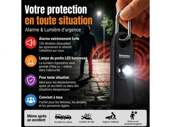 Porte-clés alarme d'autodéfense 130 dB avec lampe de poche - coloris noir