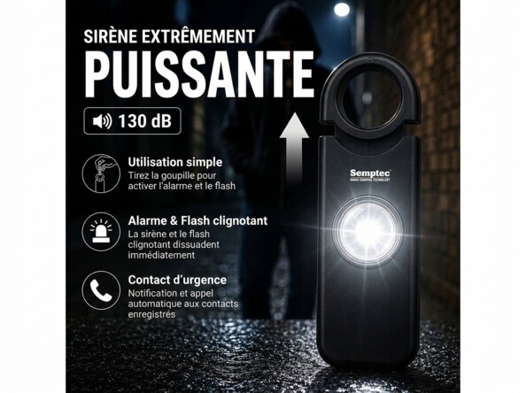 Porte-clés alarme d'autodéfense 130 dB avec lampe de poche - coloris noir