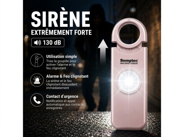 Porte-clés alarme d'autodéfense 130 dB - coloris rose