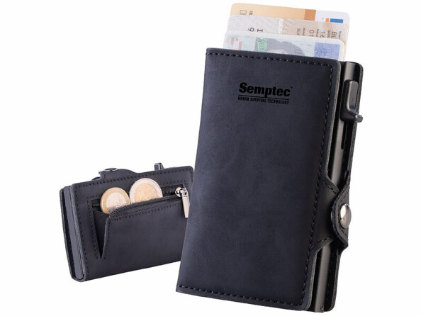 Portefeuille RFID avec poussoir 8 cartes et compartiment monnaie