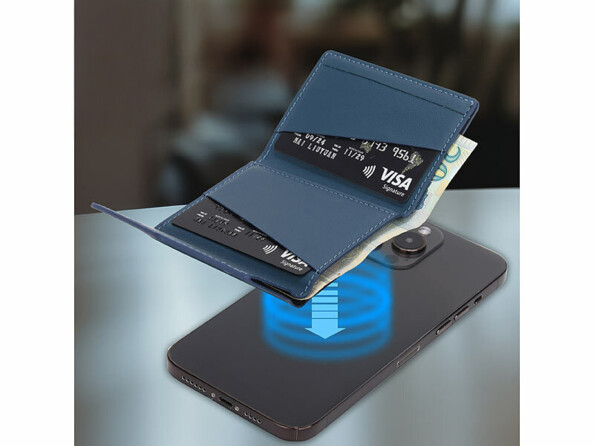 Portefeuille RFID 4 cartes magnétique MagSafe support bleu