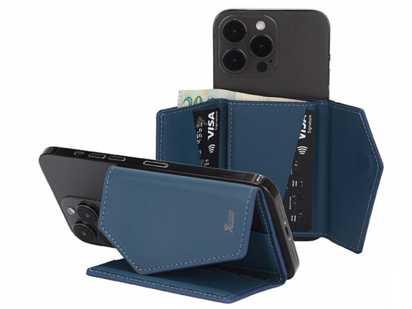 Portefeuille RFID 4 cartes magnétique MagSafe support bleu