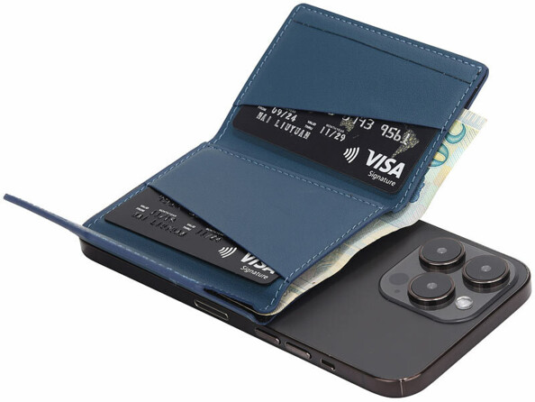 Portefeuille RFID 4 cartes magnétique MagSafe support bleu