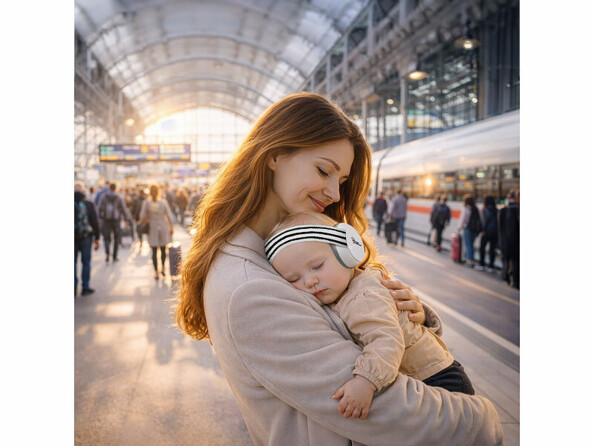 Protection auditive 23 dB portée par un bébé dans les bras de sa mère dans une gare