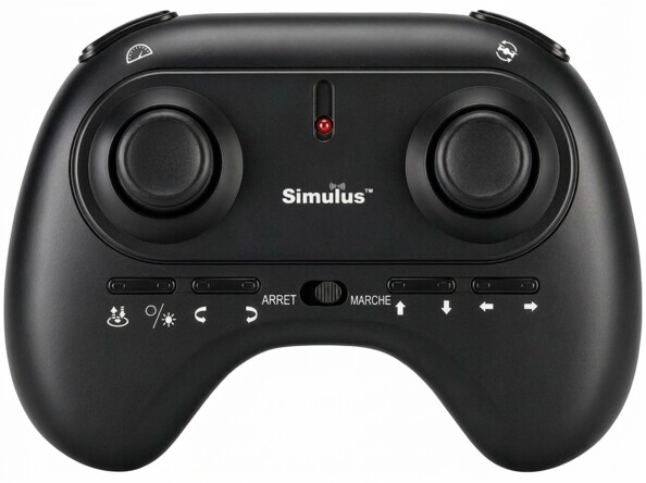 Manette noire Simulus RC avec deux joysticks, voyant rouge, interrupteur Arrêt/Marche et boutons directionnels
