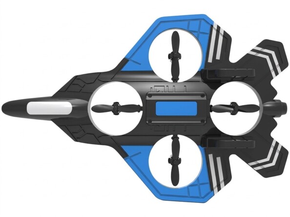 Vue de dessus d’un drone noir et bleu à quatre hélices en forme de jet futuriste
