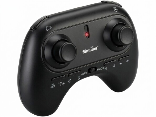Manette Simulus noire avec deux joysticks, voyant rouge et interrupteur Marche/Arrêt