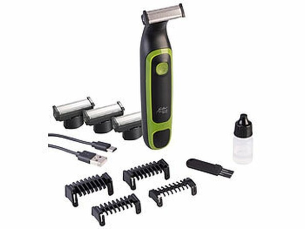 Pack avec rasoir sans fil, 3 lampes de rechanges, 4 sabots, brosse, bouteille d'huile, câble de chargement USB et mode d'emploi en français