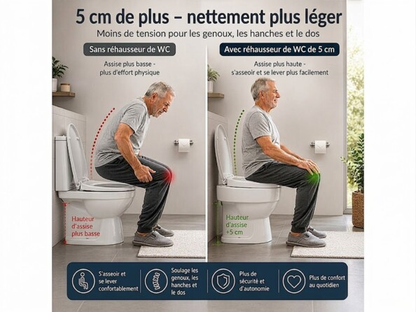 Infographie comparative montrant un homme âgé s’asseyant difficilement sans réhausseur et confortablement avec