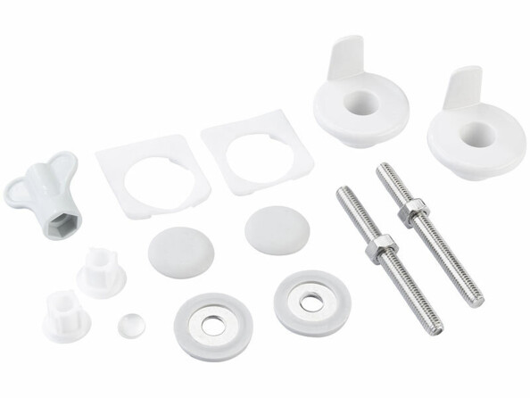 Kit de fixation de 14 pièces blanches et métalliques pour abattant sur fond blanc