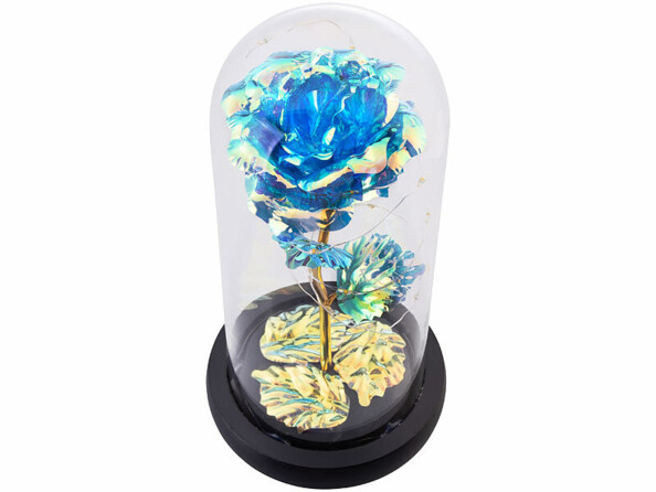 Rose artificielle translucide sous cloche avec guirlande LED