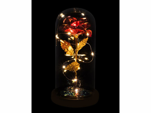 Rose éternelle rouge sous cloche avec guirlande LED