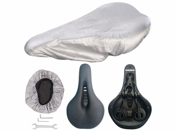 Selle de vélo ergonomique avec mousse à mémoire vue sous différents angles et avec housse anti pluie