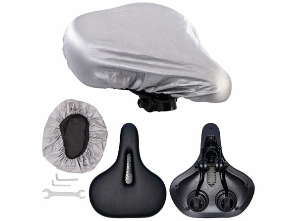 Selle mémoire de forme pour vélo de ville sous différents angles et avec housse de pluie